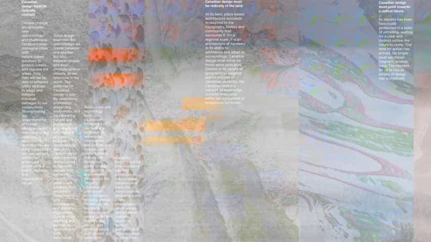 Texto del Manifiesto para el diseño canadiense superpuesto sobre el telón de fondo de collage de paisajes