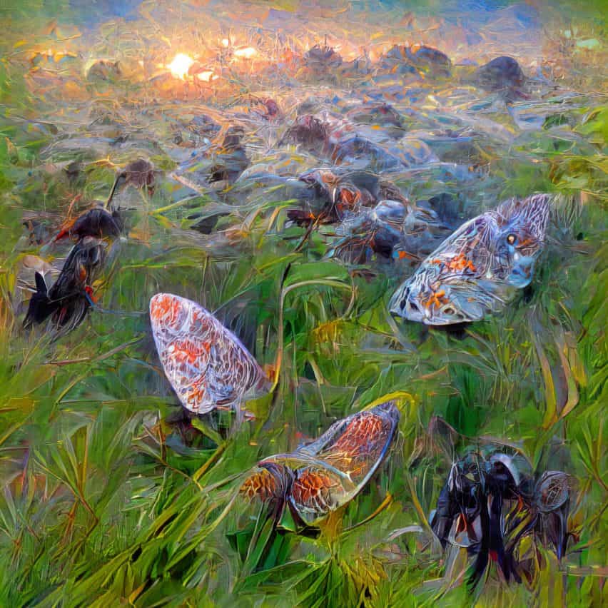 Una pintura de moscas gigantes en la hierba