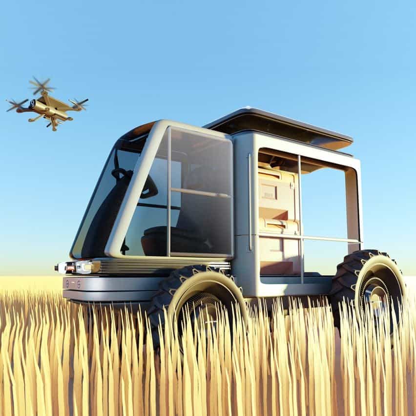 Un vehículo agrícola multiutilitario en un campo de trigo con un dron volando por encima
