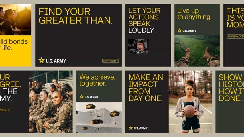Eslóganes del ejército en un nuevo estilo de marca con una variedad de imágenes