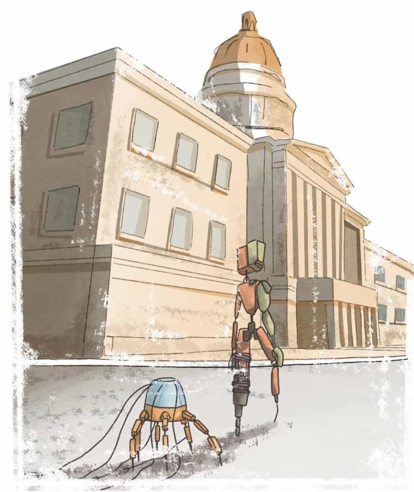 Dos robots caminando por una calle