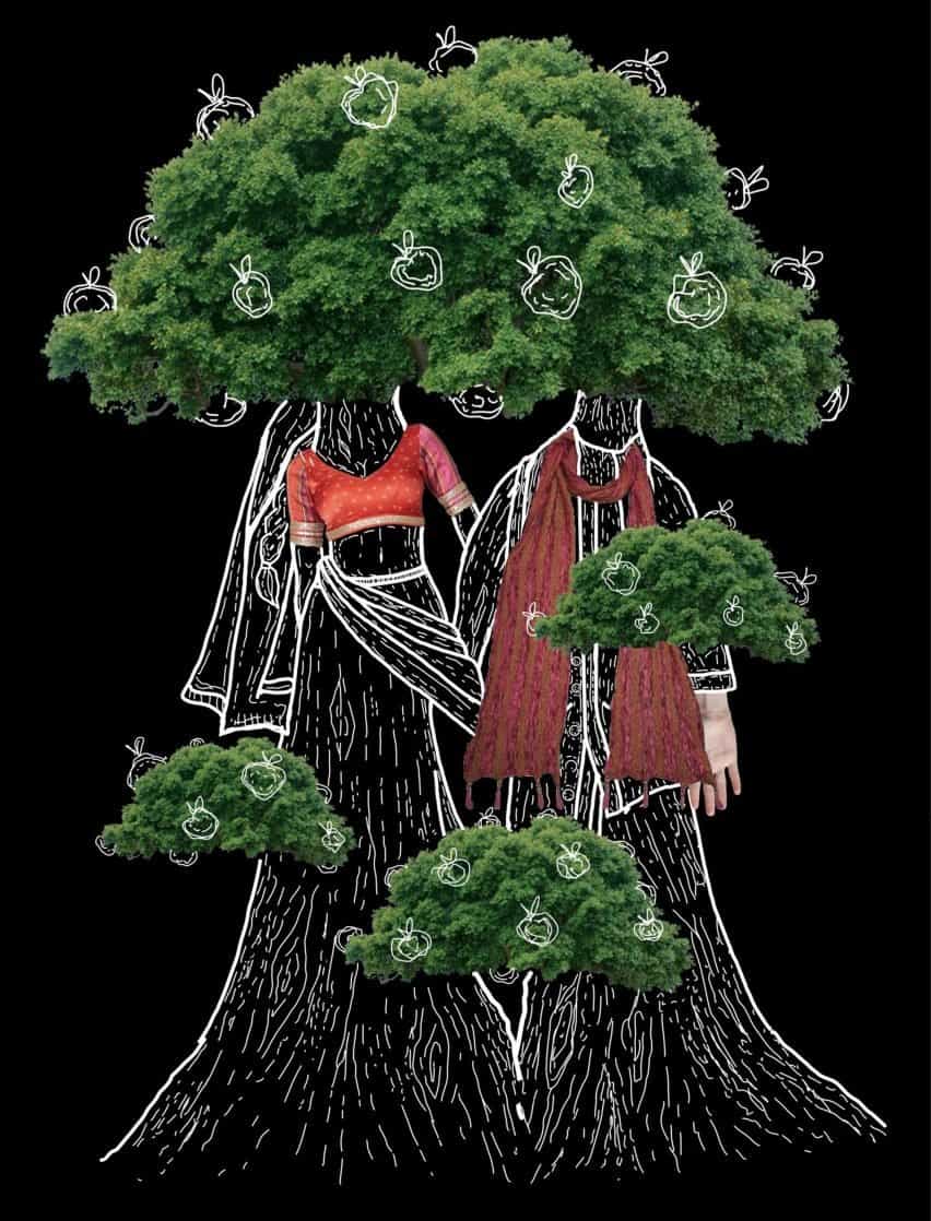 Una ilustración que muestra a dos personas con cuerpos y cabezas que se asemejan a los árboles