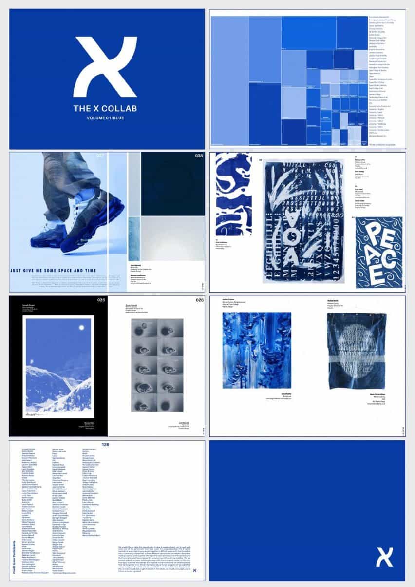 Un diseño colaborativo similar a una revista de los estudiantes que trabajan en colores azules
