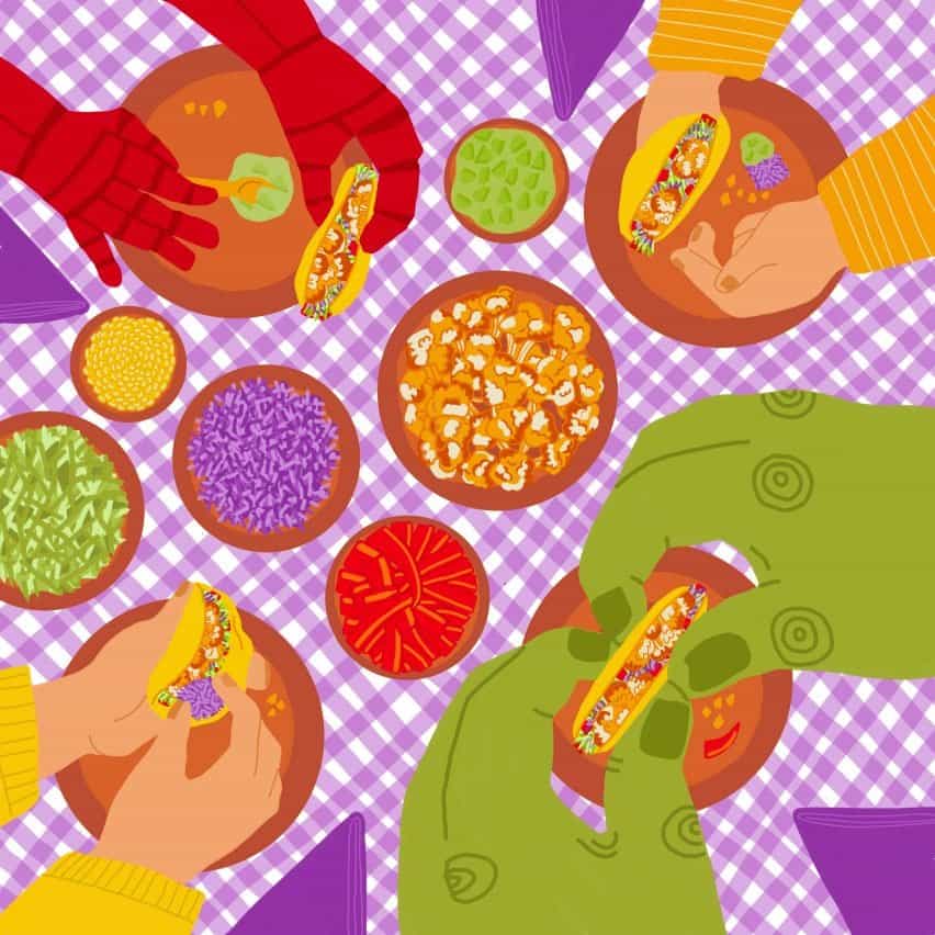 Una ilustración de gente comiendo tacos.