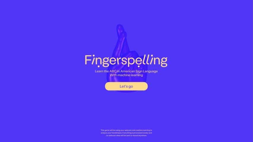 Fingerspelling.xyz pantalla de inicio que muestra un modelo 3D de una mano con los dedos cruzados
