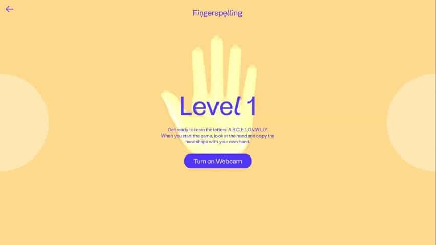 Fingerspelling.xyz pantalla de inicio de nivel uno que da instrucciones para mirar la mano en la pantalla y copiar su forma de mano