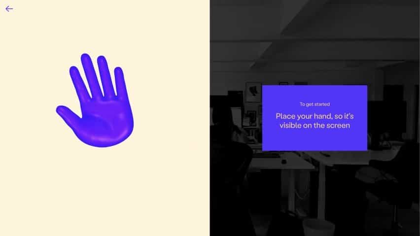La pantalla le dice al usuario que coloque su mano donde sea visible en su cámara web
