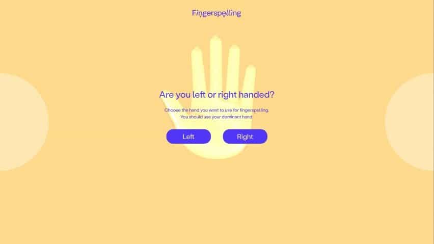 Pantalla de configuración de Fingerspelling.xyz que solicita a los usuarios que elijan si son diestros o zurdos