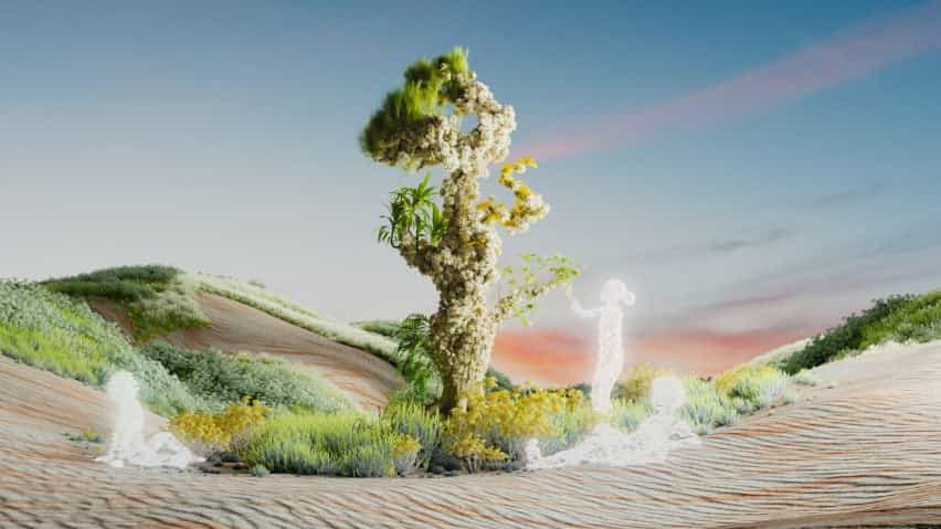 Visualización de un entorno digital de otro mundo donde figuras blancas brillantes interactúan con un árbol alto y majestuoso