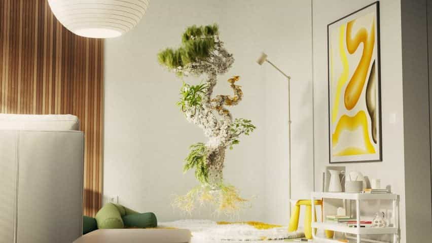 Visualización de un árbol de aspecto fantástico flotando en una habitación con la mitad de su cuerpo cubierto por una espesa cosecha de flores blancas
