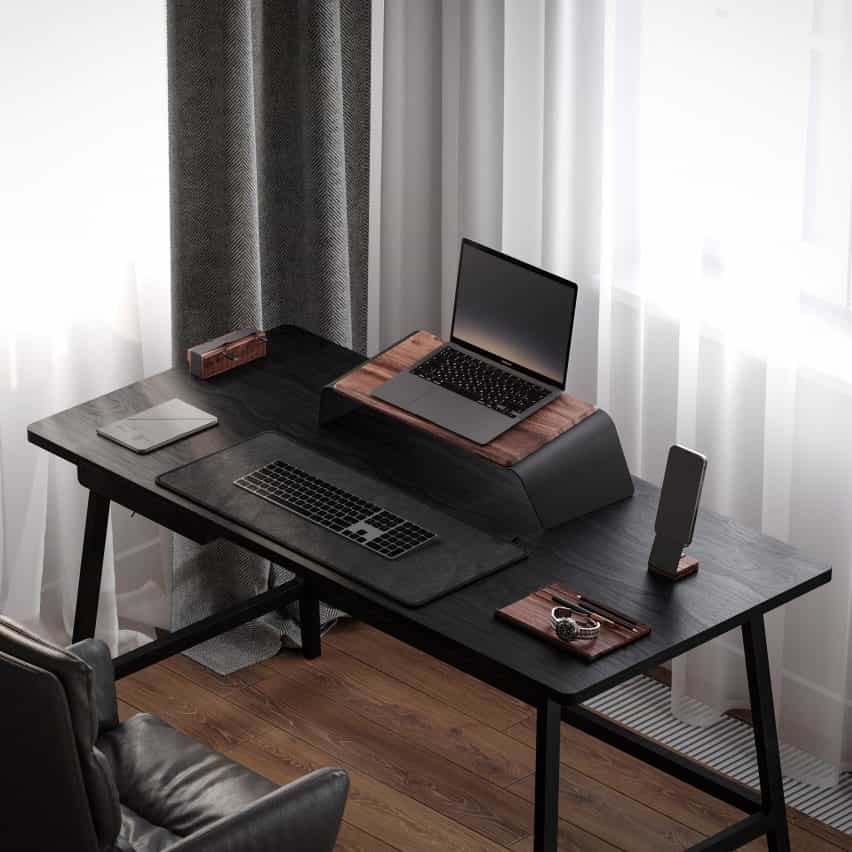 Config 01 Escritorio Set de Nooe en un escritorio negro en una oficina en casa