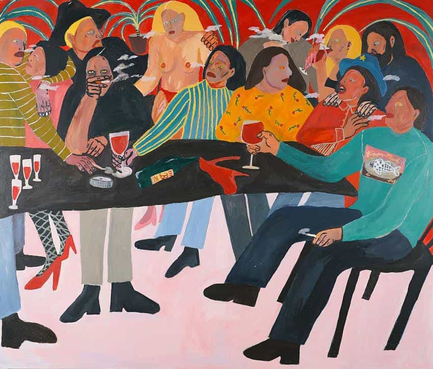 Kimberly Elliott: ¿Quién derramó el vino?, 185cm x 158cm. Acrílico x madera (Copyright © Kimberly Elliott, 2021)