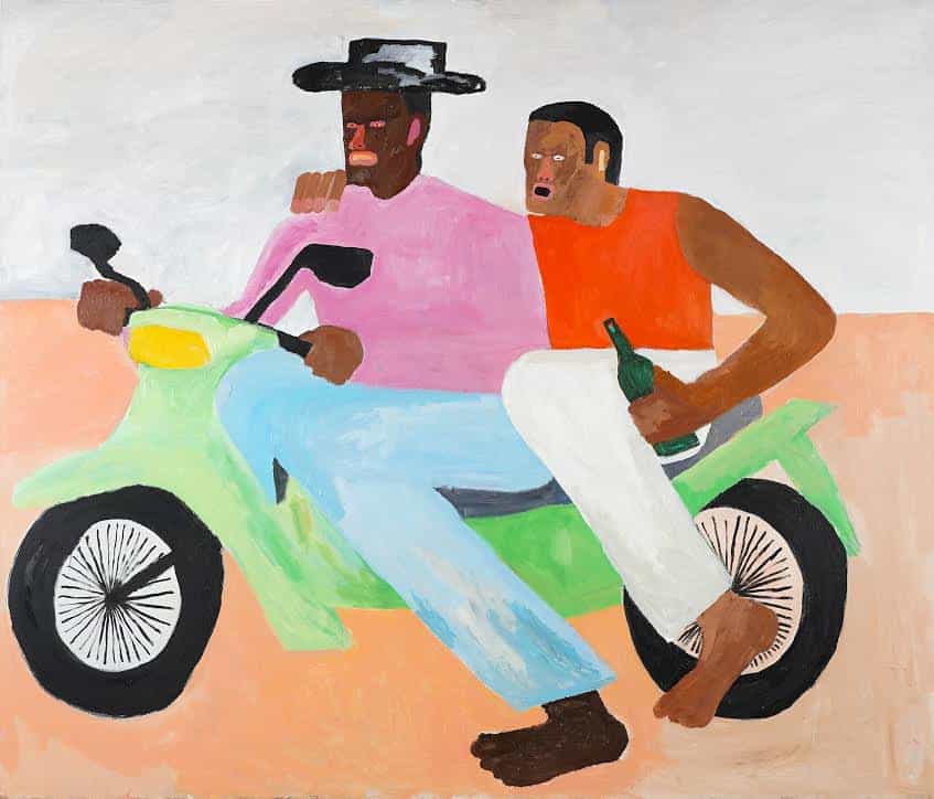 Kimberly Elliott: Dos hombres conduciendo por San Nicolás Oeste, 185cm x 158cm. Acrílico x madera (Copyright © Kimberly Elliott, 2021)