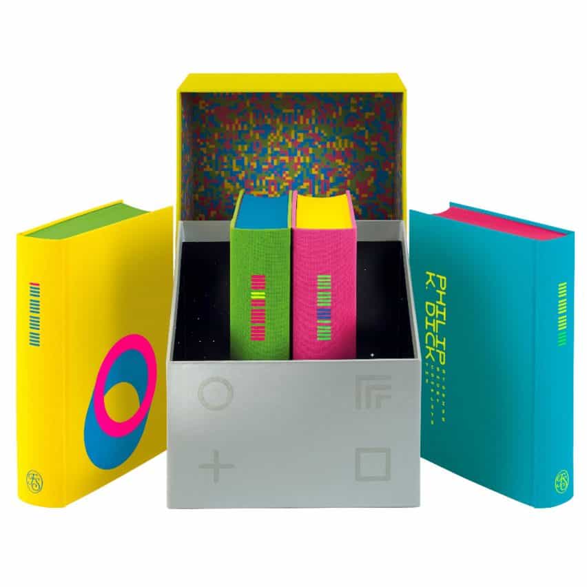 The Complete Short Stories: Philip K Dick box set by The Folio Society box open to reveal glitch patterned lining and four neon-color volumes