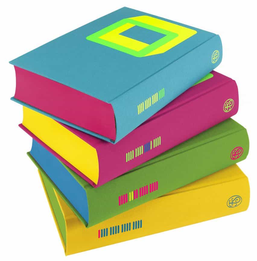 The Complete Short Stories: Philip K. Dick cuatro volúmenes apilados para revelar sus bordes de página fluorescentes y un símbolo cuadrado en la portada del volumen superior