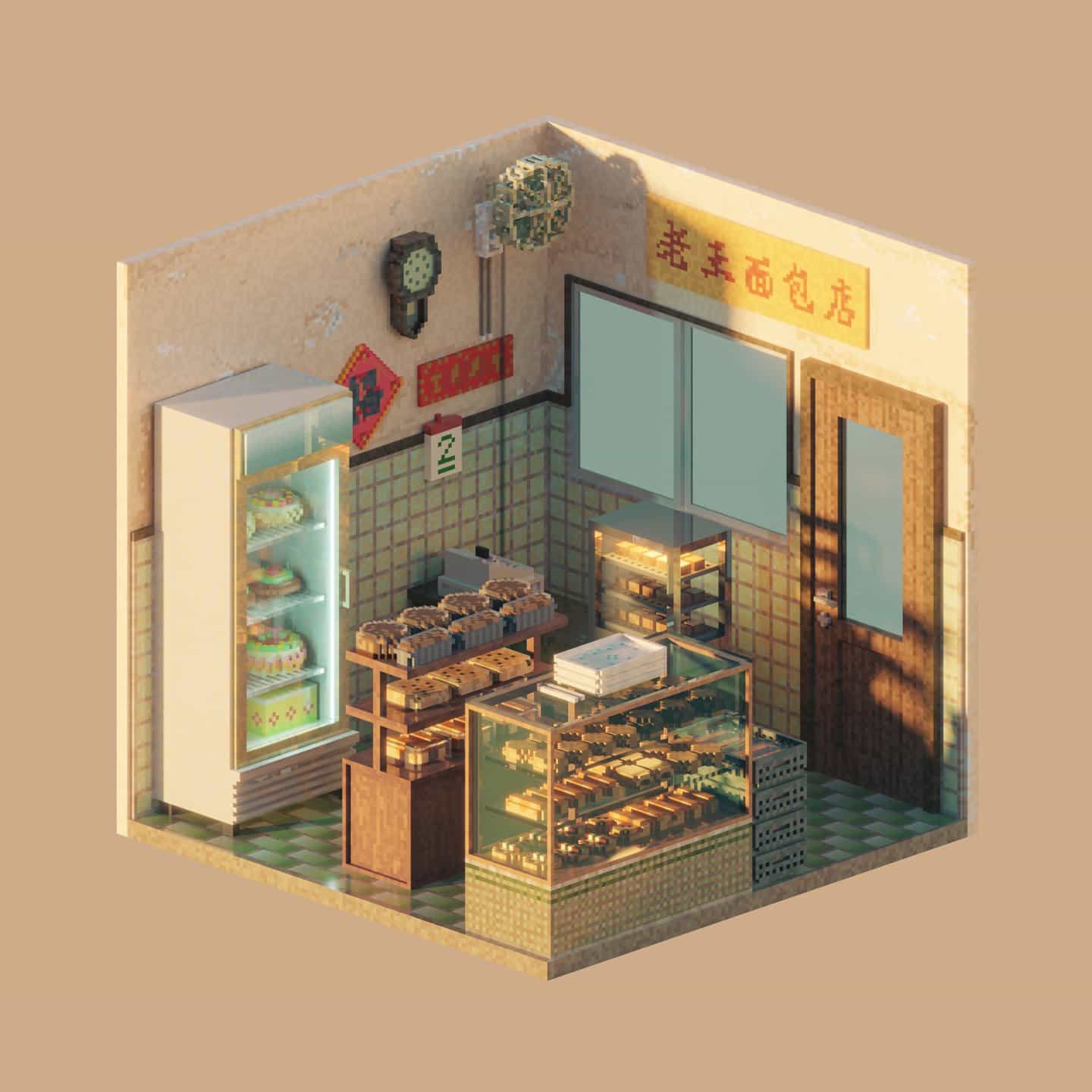 Shin Oh: Bakery Shop, serie Tiny Voxel Shops de 126³ (Copyright © Shin Oh, 2021)