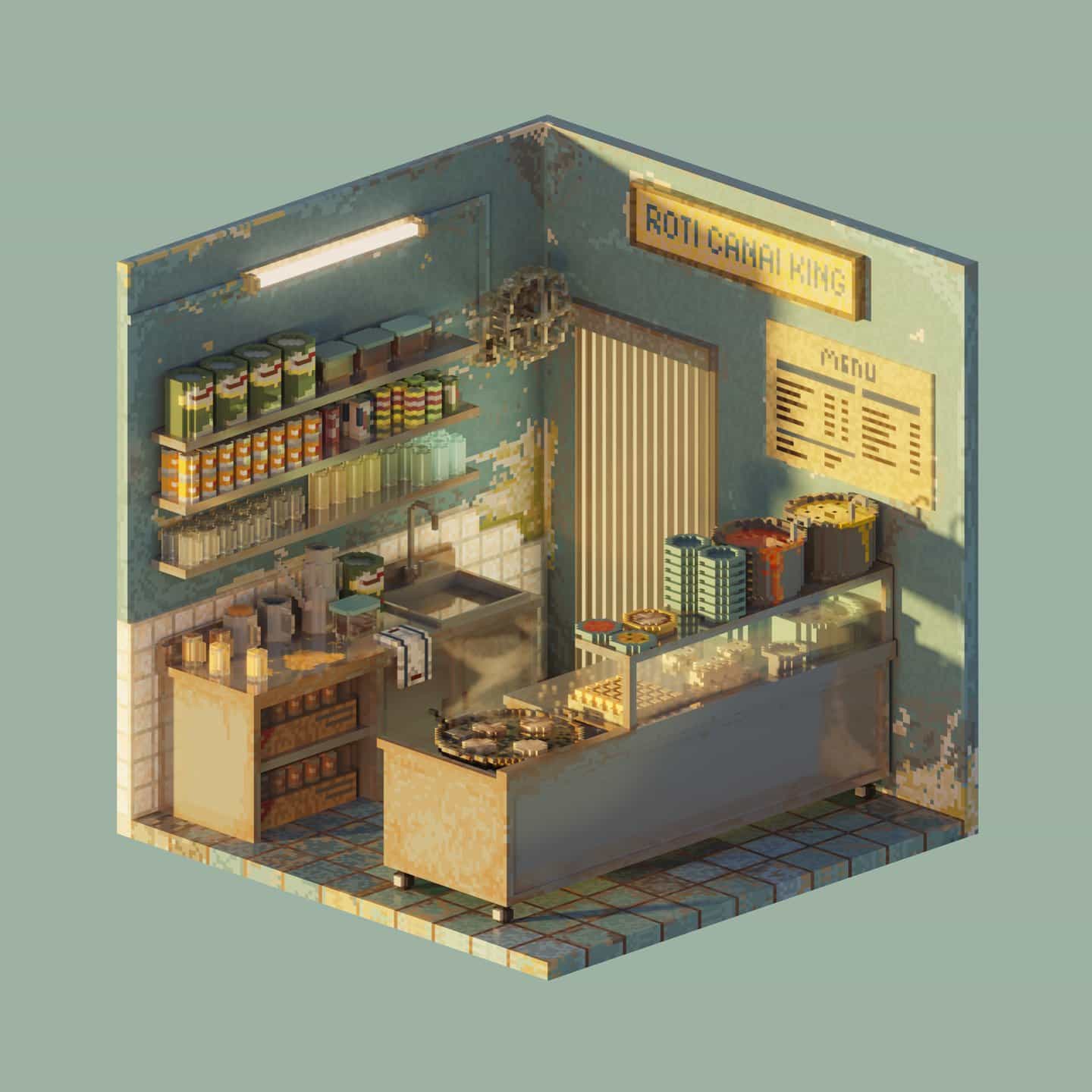 Shin Oh: Roti Canai Shop, serie Tiny Voxel Shops de 126³ (Copyright © Shin Oh, 2021)