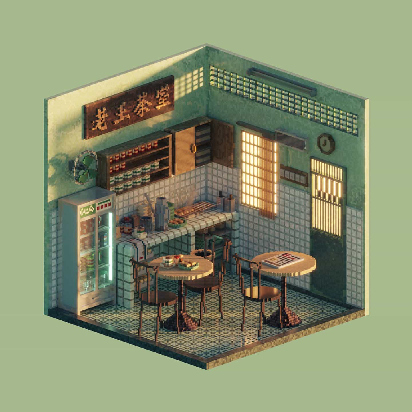 Shin Oh: Kopitiam (Cafetería), serie Tiny Voxel Shops de 126³ (Copyright © Shin Oh, 2021)