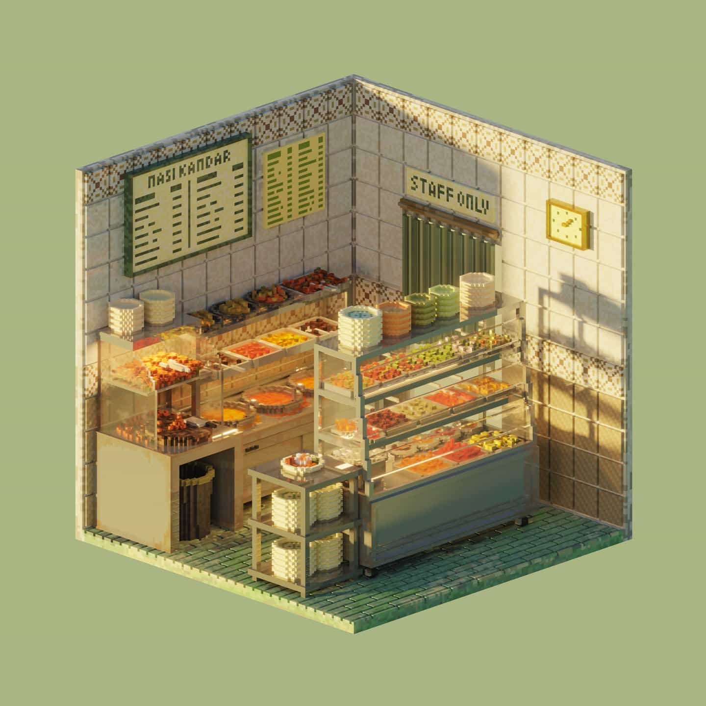 Shin Oh: Nasi Kandar Shop, serie Tiny Voxel Shops de 126³ (Copyright © Shin Oh, 2021)
