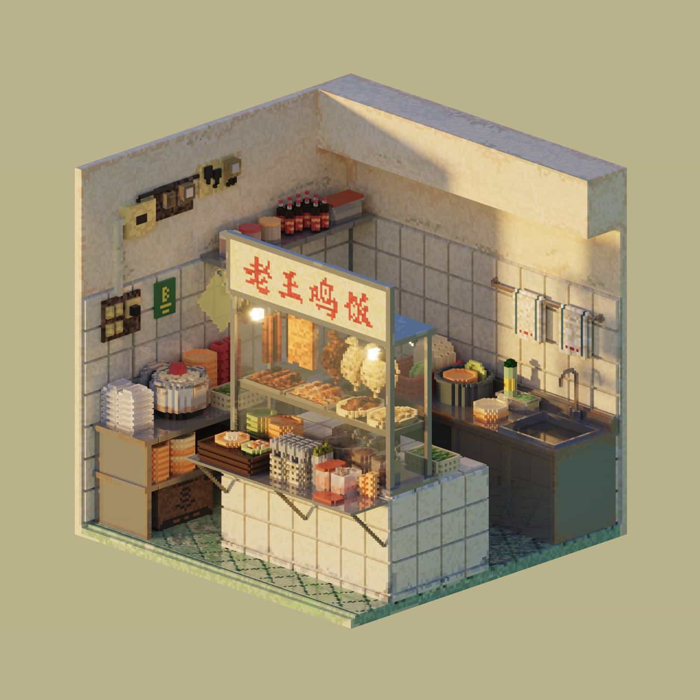 Shin Oh: Chicken Rice Stall, serie Tiny Voxel Shops de 126³ (Copyright © Shin Oh, 2021)