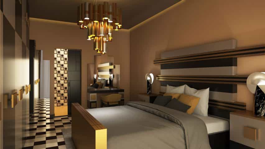 Un dormitorio con estética dorada y gris