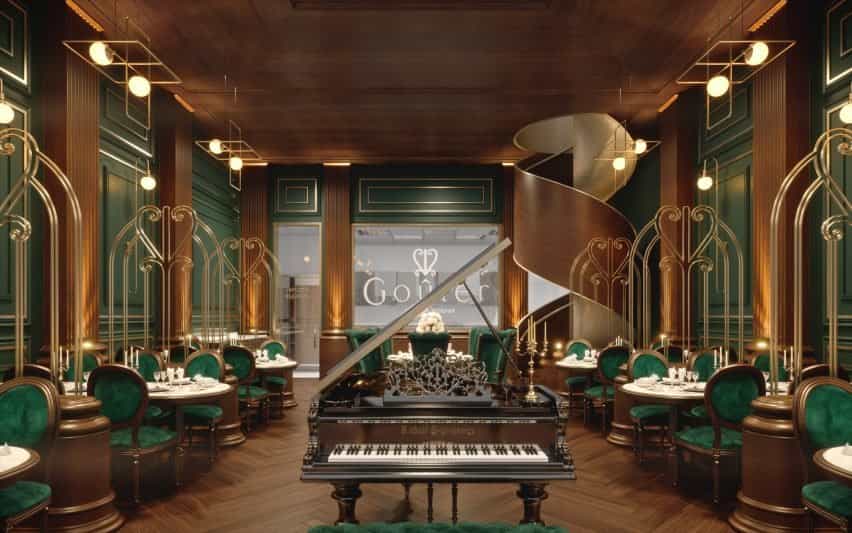 Un restaurante francés de lujo con estética Art-Deco y terciopelo verde