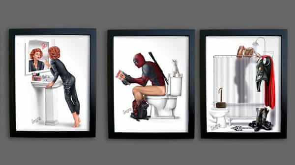 Serie de la ilustración representa hábitos de baño superhéroes - y del genio