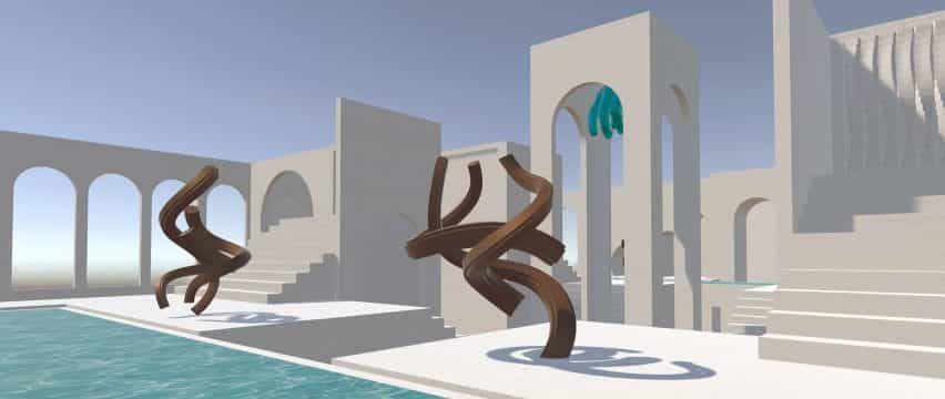 Una visualización de un espacio abierto con una piscina y esculturas en forma de raíz