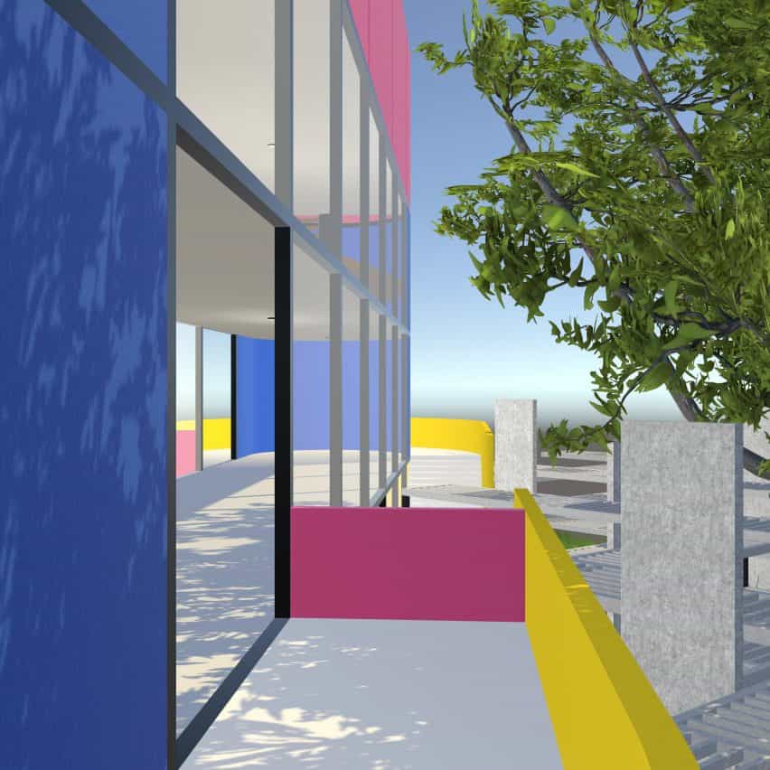 Una visualización de un edificio colorido con un árbol junto a él