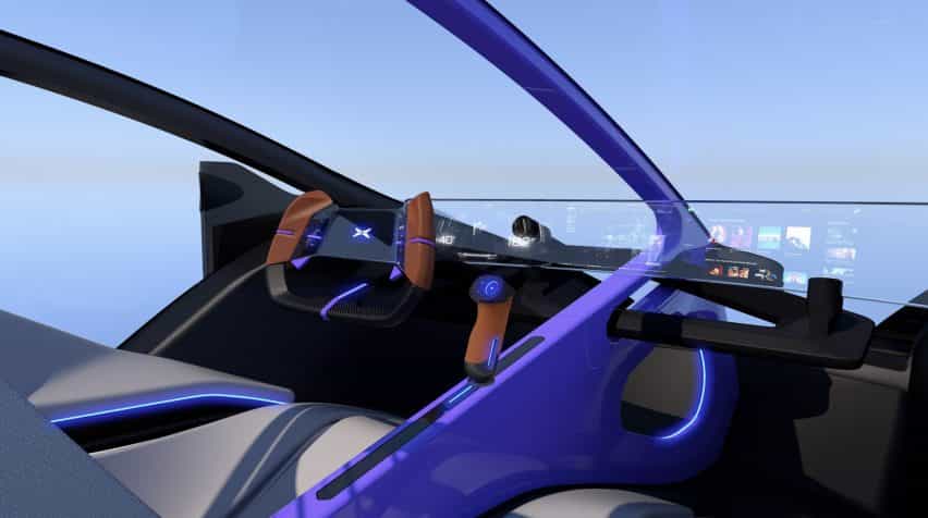 Representación del interior del coche volador de Xpeng que muestra un volante y un joystick