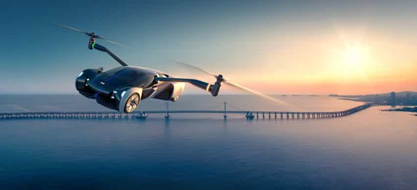 Representación del coche volador XPeng volando por el cielo sobre un puente y agua