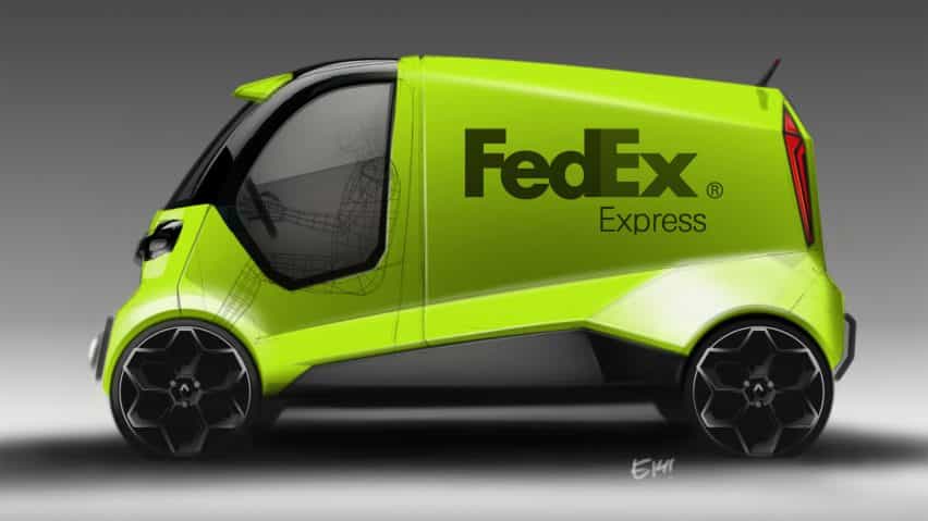 Una furgoneta FedEx Express verde sobre un fondo gris
