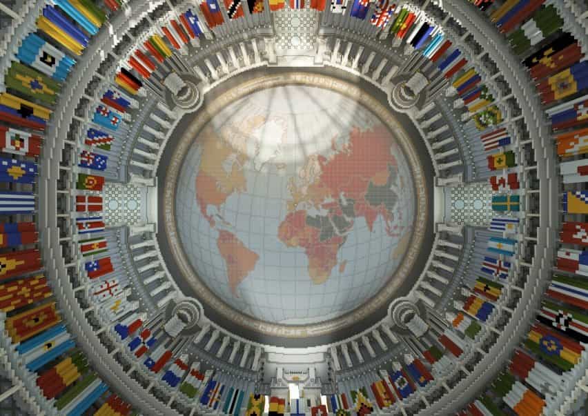 Un mapa de la tierra en el techo de una biblioteca virtual