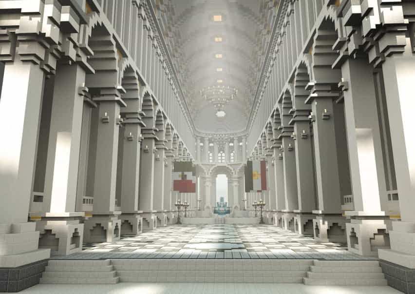 Un salón blanco con columnas dentro de The Uncensored Library