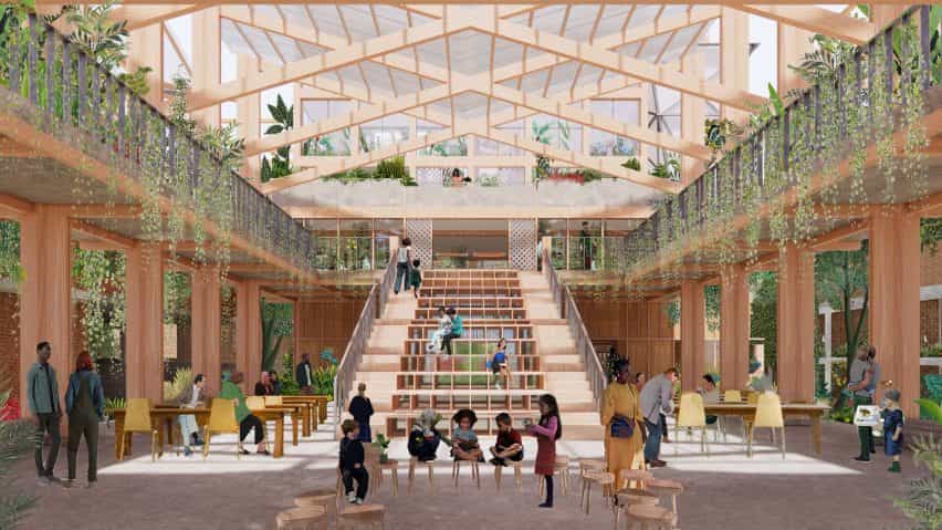 Una visualización de un espacio comunitario lleno de plantas con techos altos y grandes ventanales