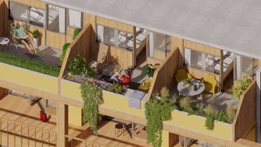 Una visualización de la finca cotidiana: una estructura de madera con un hombre leyendo un libro en el balcón
