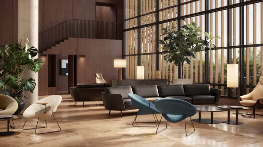 Múltiples sillones LXR18 en colores azul y beige situados en una sala de estar con vegetación, lámparas y sofás repartidos por todo el mundo