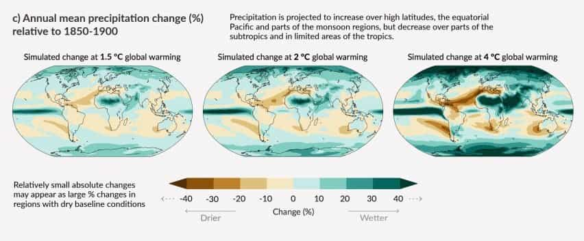 Cambios anuales de precipitación basados en 1,5, 2 y 4 grados de calentamiento del informe climático del IPCC