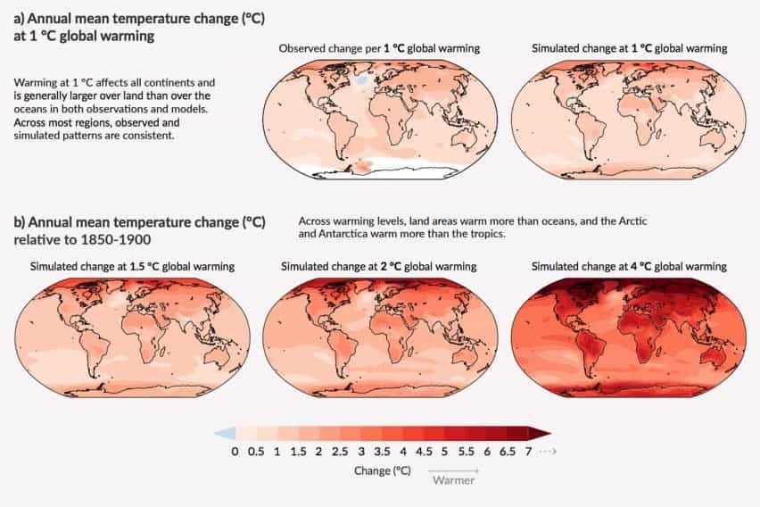 Cambios medios anuales de temperatura basados en 1, 1,5, 2 y 4 grados de calentamiento del informe climático del IPCC